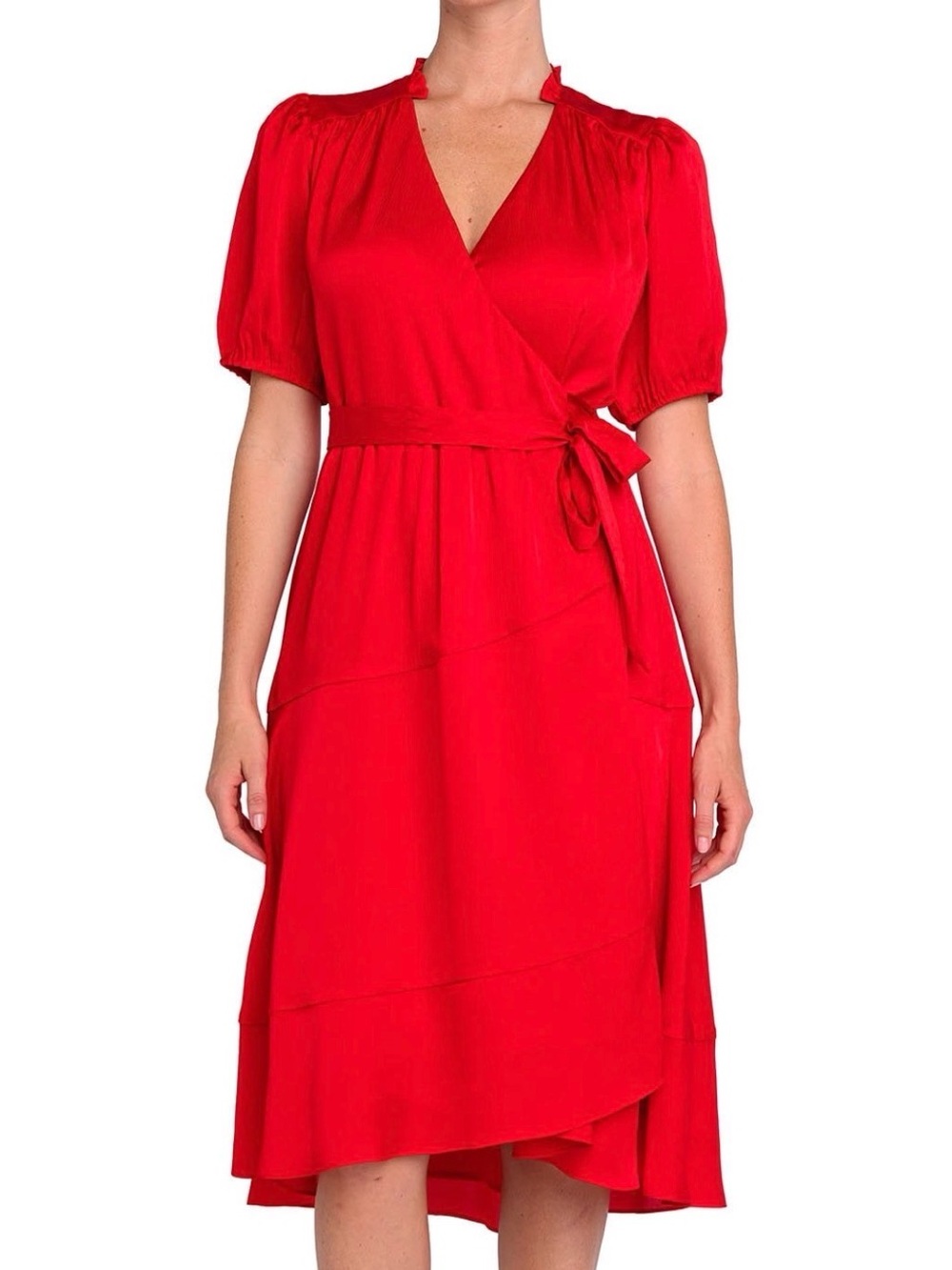 Draper James Red Wrap Midi Dress with Tie Waist Womens L NWT